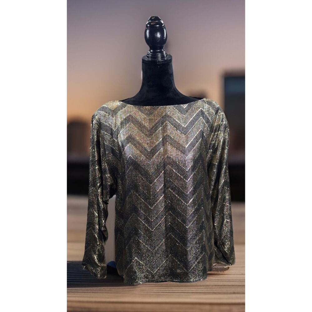 Halston III Vintage Metallic Gold And Black Chevron Long Sleeve Blouse Disco